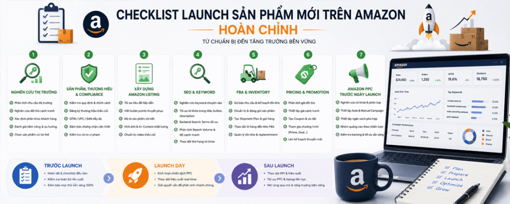 checklist launch sản phẩm mới trên amazon