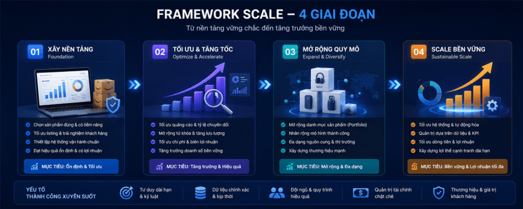 Framework bốn giai đoạn scale business Amazon bền vững